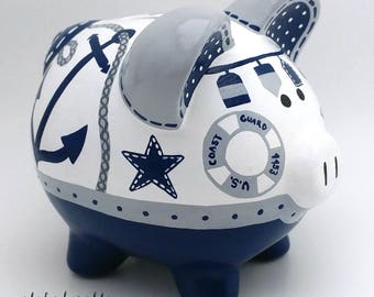Nautical Personalized Piggy Bank in Navy, Grey and White with Anchor and Sailboat