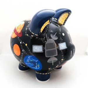 Outer space ceramic personalized piggy bank ~ With planets, satellites, moons and stars