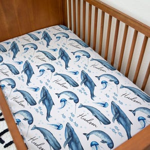 Ocean personalized jersey crib sheet | Blue and navy sea creatures | Crib sheet with name | mini crib sheet | Whale, jellyfish decor