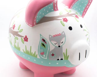 Fiona Fox Personalized Piggy Bank in Coral and aqua Peacock, Owl, Forest Theme