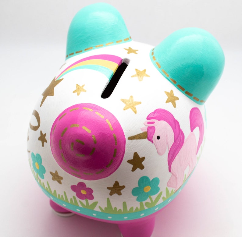 Rainbow Unicorn Personalized Piggy Bank in Teal Pink and Gold Etsy Canada