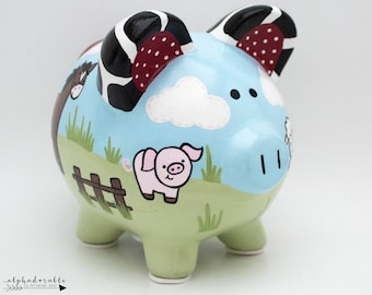 Farm Friends Personalized Piggy Bank with Cow Print, Horse, Pig, Sheep and Chicken