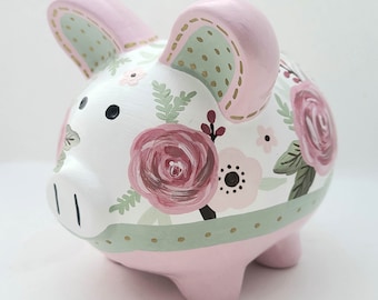 Dusty pink and green floral rose print Personalized Piggy bank in sage green, cream, and Pink Flowers | hand painted