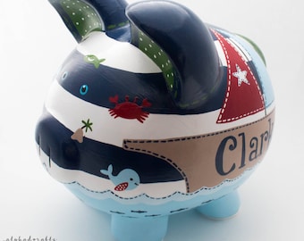 Nautical Sailboat Personalized Piggy Bank, Hand Painted Ceramic