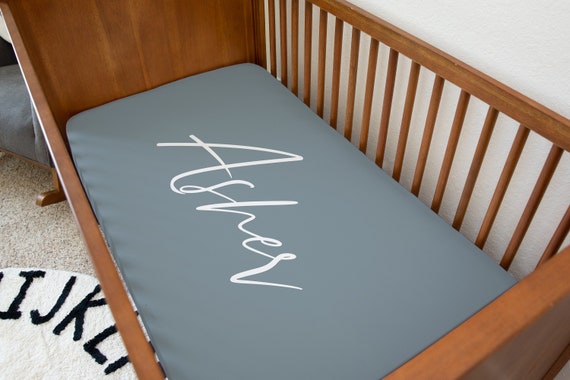 Neutrals Collection Modern Dusty Blue and White Simple Name Monogram Baby Crib Sheet Monochrome Nursery Jersey Crib Sheet Etsy