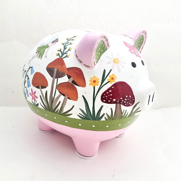 Hucha personalizada de bosque de hadas / Cerámica floral de setas pintada a mano