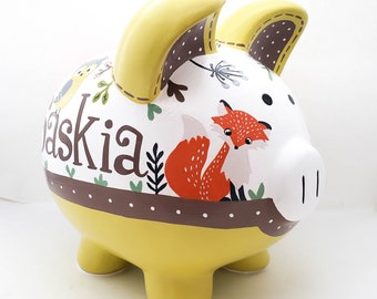 Malowana ręcznie, spersonalizowana skarbonka z motywem leśnego zwierzęcia, dekoracja do pokoju dziecięcego w lesie