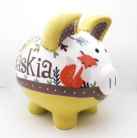 Handpainted Personalized Deer in the Forest Outdoors Theme Piggy Bank 