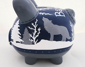 Woodland Personalized Piggy bank with wolf howling at the moon silhouette | Navy and grey Forest Nursery