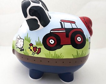Farm Friends Personalized Piggy Bank with Cow Print, Tractor, Horse, Pig, Sheep and Chicken