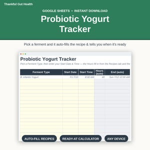 Probiotic Yogurt Tracker, Google Sheets Fermentation Log, L. Reuteri SIBO B. Infantis Yogurt Batch Tracker, Auto Ready-Time Calculator