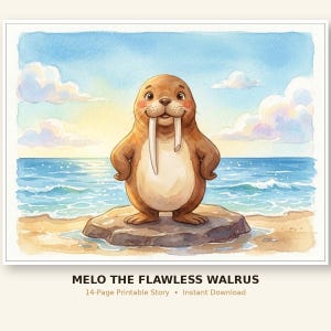 K&ouml;nnte beinhalten: Eine Aquarellillustration eines braunen Walrosses mit wei&szlig;en Sto&szlig;z&auml;hnen, das auf einem Felsen am Strand steht. Der Text MELO THE FLAWLESS WALRUS 14-Page Printable Story Instant Download steht unter dem Bild vor hellblauem Himmel und Meer.