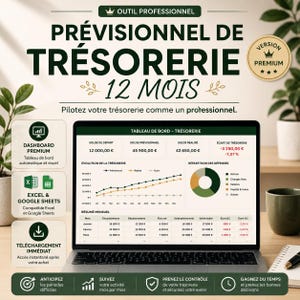 May include: A digital cash flow forecast dashboard displayed on a laptop screen. The interface features a 12-month financial summary, a line graph showing cash flow evolution, a pie chart for expense distribution, and a monthly table with currency values.