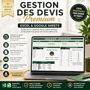 Peut inclure: Un écran d'ordinateur affichant un tableau de bord de gestion des devis sur Excel et Google Sheets. L'interface présente des tableaux, un graphique en secteurs et un graphique linéaire avec des données financières et le texte GESTION DES DEVIS Premium.