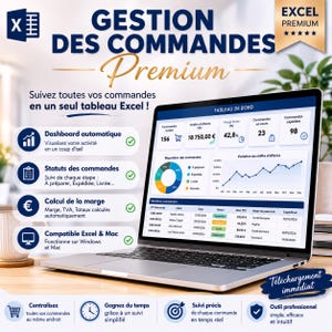 Puede incluir: Una pantalla de portátil que muestra un panel de control de gestión de pedidos de Excel titulado GESTION DES COMMANDES Premium. La interfaz incluye tablas de datos, un gráfico circular y un gráfico de líneas con tendencias de ventas.
