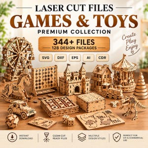 May include: A collection of laser-cut wooden toys and games including a ferris wheel, castle, carousel, train, rocking horse, and puzzles. Text reads: LASER CUT FILES GAMES & TOYS PREMIUM COLLECTION 344+ FILES 128 DESIGN PACKAGES SVG DXF EPS AI CDR.