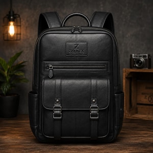 May include: A black leather backpack featuring a top handle, adjustable shoulder straps, and a rectangular patch with the text ZAYNEX. The front includes a horizontal zippered pocket above a larger flap pocket secured with two vertical buckle straps.