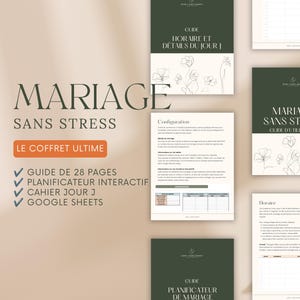 Peut inclure: Un kit de planification de mariage numérique intitulé Mariage Sans Stress, comprenant un guide de 28 pages, un planificateur interactif, un cahier jour J et des Google Sheets. Couvertures vert foncé avec illustrations florales.