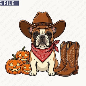 May include: A digital illustration of a French Bulldog wearing a brown cowboy hat and a red patterned bandana. Beside the dog are three orange jack-o'-lantern pumpkins and a pair of brown leather cowboy boots with decorative stitching.