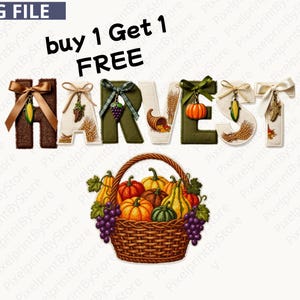 May include: A digital graphic featuring the word HARVEST spelled out in decorative letters adorned with ribbons and autumn-themed charms, positioned above a woven brown basket overflowing with colourful pumpkins, gourds, and purple grapes.