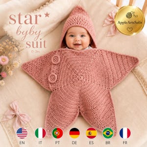 Star Baby Suit Crochet Pattern PDF, Hooded Baby Bunting Wrap, Star Costume, Visual Guide, 7 Languages