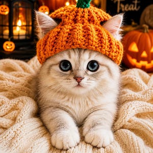 May include: A small, light-coloured kitten with large blue eyes wearing a bright orange, hand-knitted pumpkin-shaped hat with a green stem. The kitten is resting on a soft, cream-coloured textured blanket, looking directly forward at the camera.