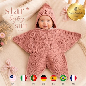 Star Baby Suit Crochet Pattern PDF, Hooded Baby Bunting Wrap, Star Costume, Visual Guide, 7 Languages
