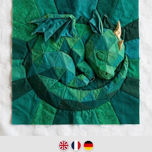 Sleeping Dragon FPP Pattern - Geometric Baby Dragon Foundation Paper Piecing Quilt Block PDF, 3 Sizes 12 15 18 Inch, 6 Languages