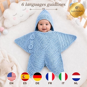 Mönster för virkad stjärndräkt till baby (PDF), kokong med huva och stjärnfilt till nyfödd, digital nedladdning, 7 språk