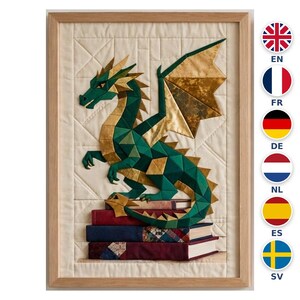 Emerald Dragon Book FPP Pattern - Dragon and Books Quilt Pattern Block, Foundation Paper Piecing PDF, 3 Sizes 12 15 18 Inch, 6 Languages