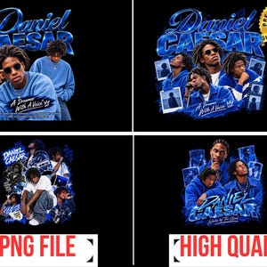 May include: A collection of four graphic designs featuring Daniel Caesar in various poses, wearing blue hoodies and casual clothing. The designs incorporate bold blue typography, film strip elements, and photographic portraits set against a black background.