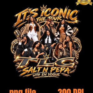 Op de afbeelding: Een grafisch ontwerp met de tekst It's Iconic The Tour, TLC, Salt N Pepa en With En Vogue in gouden letters. Acht personen zijn in een groep gerangschikt, omringd door gouden microfoons en luidsprekers tegen een zwarte achtergrond.
