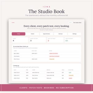 May include: A digital dashboard interface titled The Studio Book, designed for beauty professionals. It displays client metrics, appointment schedules, and patch test statuses with tabs for Today, Clients, Appointments, Services, and Settings.