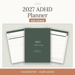 May include: A 2027 ADHD planner with 523 pages, featuring a dark green cover with white text and two open interior pages showing a daily schedule and a monthly calendar layout. The design includes Goodnotes and dark mode compatibility labels.