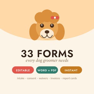 May include: A digital graphic featuring a brown cartoon poodle with a red bow. The text reads 33 FORMS every dog groomer needs, with buttons labeled EDITABLE, WORD + PDF, and INSTANT. Below are the words intake, consent, waivers, invoices, report cards.