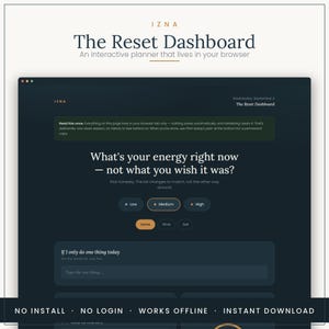 Könnte beinhalten: Eine digitale Benutzeroberfläche im dunklen Design mit dem Titel The Reset Dashboard, die interaktive Abfragen für Energieniveaus, Auswahlbuttons für Home, Work und Self sowie ein Eingabefeld für tägliche Aufgaben in einem Browserfenster zeigt.