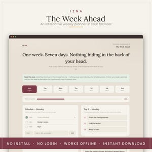 May include: A digital weekly planner interface titled IZNA The Week Ahead. The layout features a seven-day navigation bar, a progress bar at 33%, and two main sections for Monday: a schedule list with checkboxes and a Top 3 task list.
