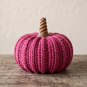 May include: A round, crocheted pumpkin in a vibrant magenta color with a prominent ribbed texture. The top of the pumpkin features a spiraled, light brown wooden stem with a smooth, polished finish, centered on the crocheted body.