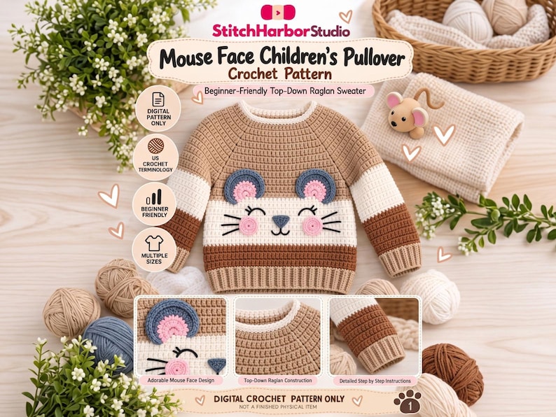 Kids Pattern Colouring In Kids Crochet Sweater Pattern PDF, Mouse Face Toddler Pullover, Top Down ...