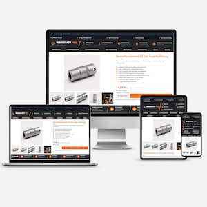 Könnte beinhalten: Ein Desktop-Monitor, ein Laptop, ein Tablet und ein Smartphone zeigen die E-Commerce-Website Werkstatt Pro. Jeder Bildschirm zeigt die Produktseite für einen silbernen 1/2-Zoll-Steckschlüsseleinsatz mit Rändelung und Sechskantöffnung.