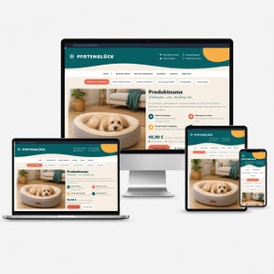 Op de afbeelding: Een digitale weergave van de Pfotenglück-website op een desktopmonitor, laptop, tablet en smartphone. Elk scherm toont een productpagina voor een rond, lichtgrijs huisdierbed met een hond die in het bed ligt te rusten.
