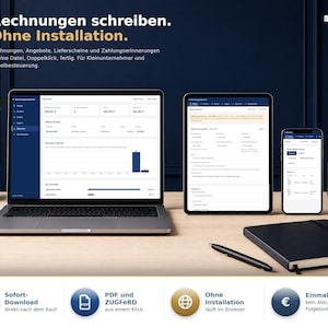 Könnte beinhalten: Ein Laptop, ein Tablet und ein Smartphone mit der Kontorblatt Rechnungssoftware. Die Bildschirme zeigen Finanzdaten, Diagramme und Rechnungsformulare. Auf dem Tisch liegen ein schwarzes Notizbuch, ein Stift und eine Tasse neben dem Text.