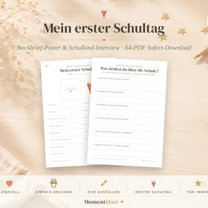 Mein erster Schultag Steckbrief | Einschulung Erinnerung zum Ausfüllen | Poster & Schulkind-Interview | A4 PDF Sofort-Download