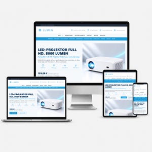 Può includere: Un monitor desktop, un portatile, un tablet e uno smartphone mostrano un sito web per un proiettore LED bianco con il testo LED-PROJEKTOR FULL HD, 8000 LUMEN. Gli schermi mostrano lo stesso layout della pagina prodotto con accenti blu.