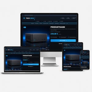 Peut inclure: Un écran d'ordinateur de bureau, un ordinateur portable, une tablette et un smartphone affichant un site e-commerce au thème sombre intitulé TECH GRID. Chaque écran présente la page produit d'un ordinateur compact noir avec un bouton bleu.