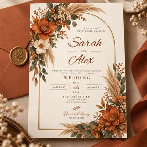 May include: A rectangular wedding invitation card featuring a cream background with a gold arch frame, decorated with watercolor illustrations of rust-colored flowers, green leaves, and pampas grass. The text includes the names Sarah and Alex.