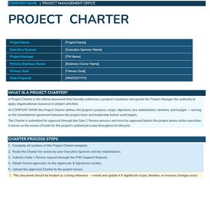 May include: A white Project Charter document template with dark blue headers and text. It includes fields for Project Name, Executive Sponsor, Project Manager, Primary Business Owner, Primary Goal, and Date Prepared, plus process steps and definitions.