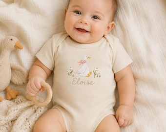 Personalized Goose Baby Bodysuit, Embroidered Baby Name Onesie, Daisy Duckling Newborn Outfit, Baby Girl Shower Gift