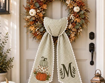 Personalized Fall Wreath Sash, Embroidered Pumpkin Monogram Bow, Green Gingham Autumn Door Decor, Custom Initial Housewarming Gift