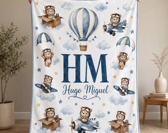 Monogram Baby Boy Velveteen Plush Blanket, Custom Initial Name Throw, Airplane Adventure Nursery Gift, Newborn Keepsake, Baby Shower Present